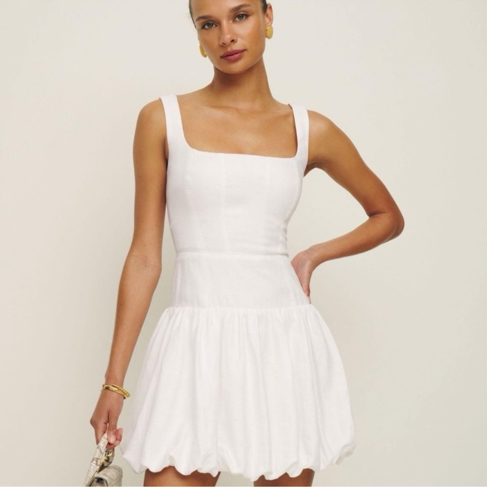 NWT Reformation Delia Drop Waist Linen Bubble Hem White Mini Dress